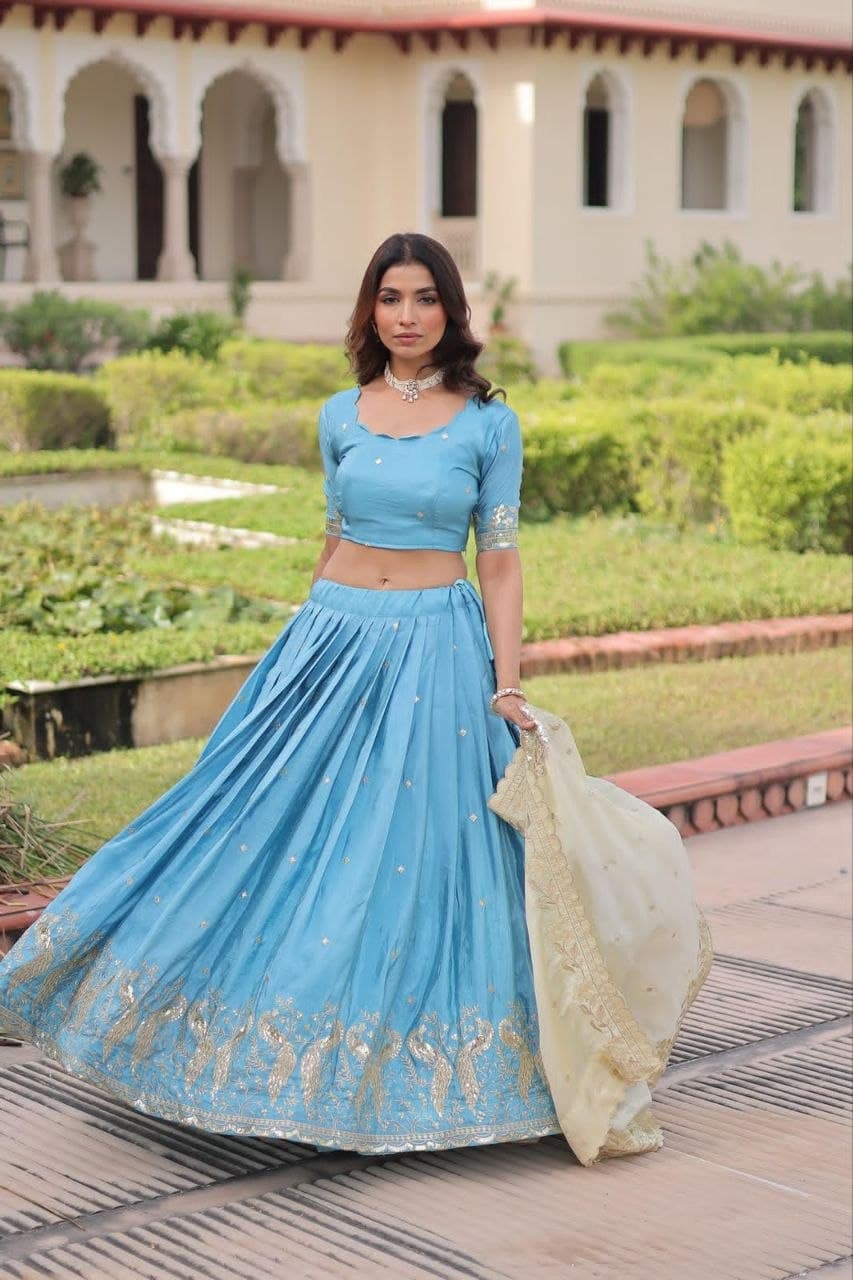 Gold Crush Sequins and Zari Embroidered Stitched Lehenga Choli Set
