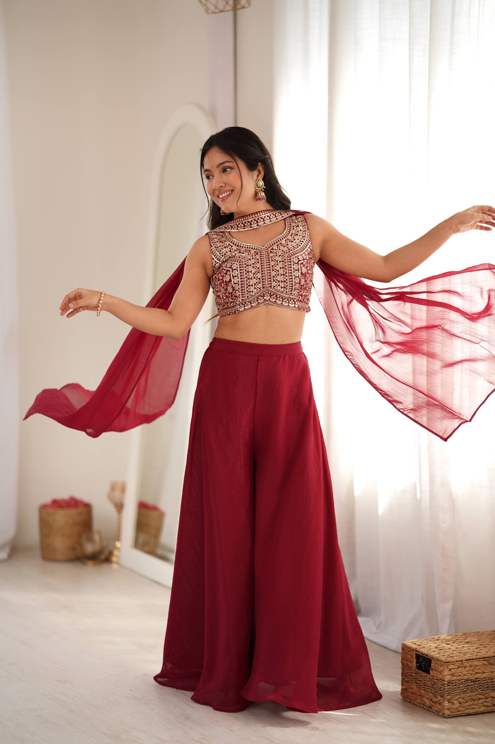 Crunchy Silk Embroidery Thread and Sequence Indo Western Crop Top Palazzo Set