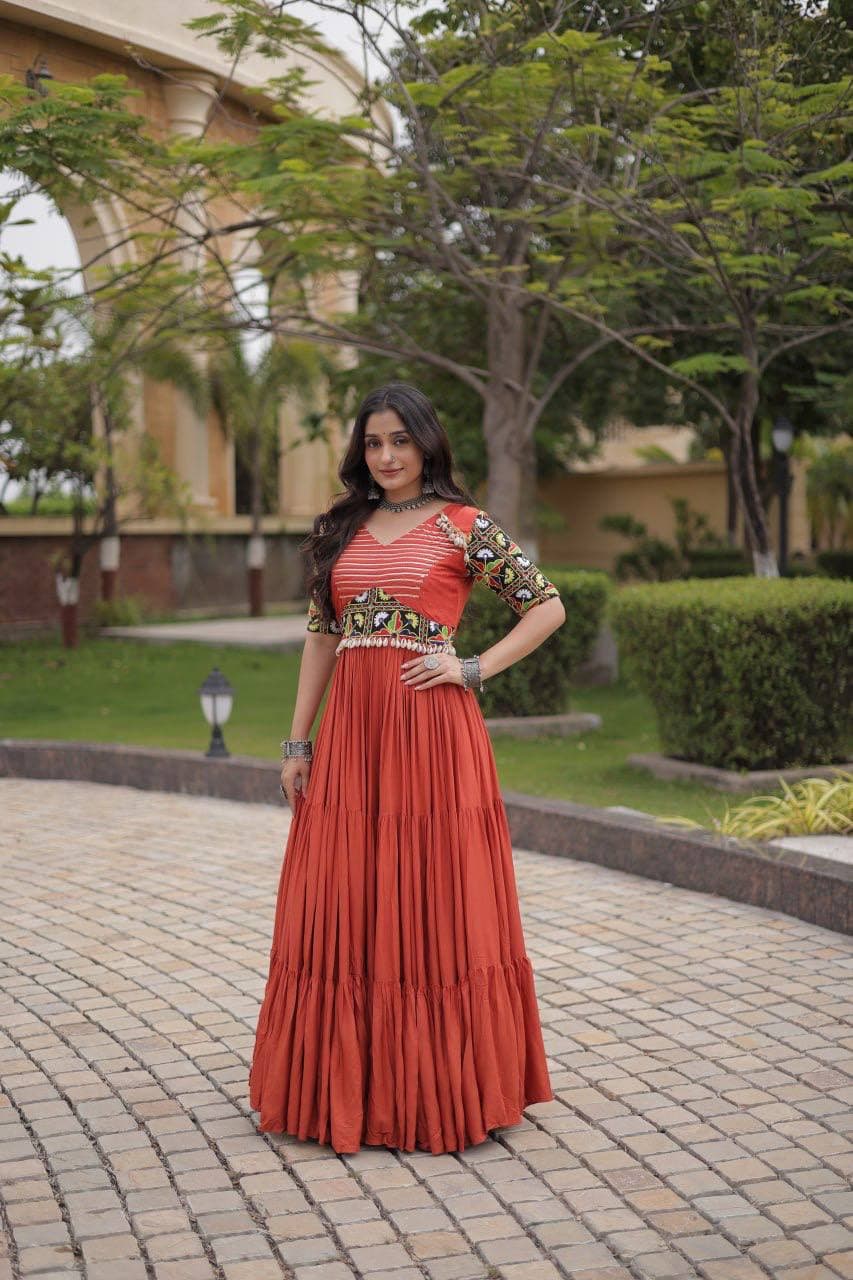 Navratri Special 14 Kg Rayon Kutchi Gamthi Embroidered Mirror Work Gown