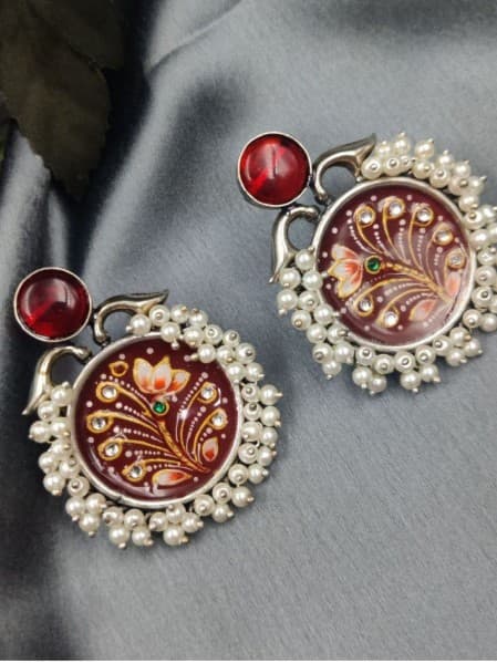 Hand-Painted Oxidised Handmade Monalisa Stone Work Earrings | Traditional Dangler Earrings for Women | My Fashion