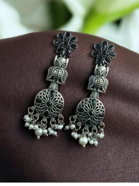 Silver Replica Owl Earrings | Oxidized Stone & Pearl Work Flower | Owl Dangler Earrings for Women | My Fashion