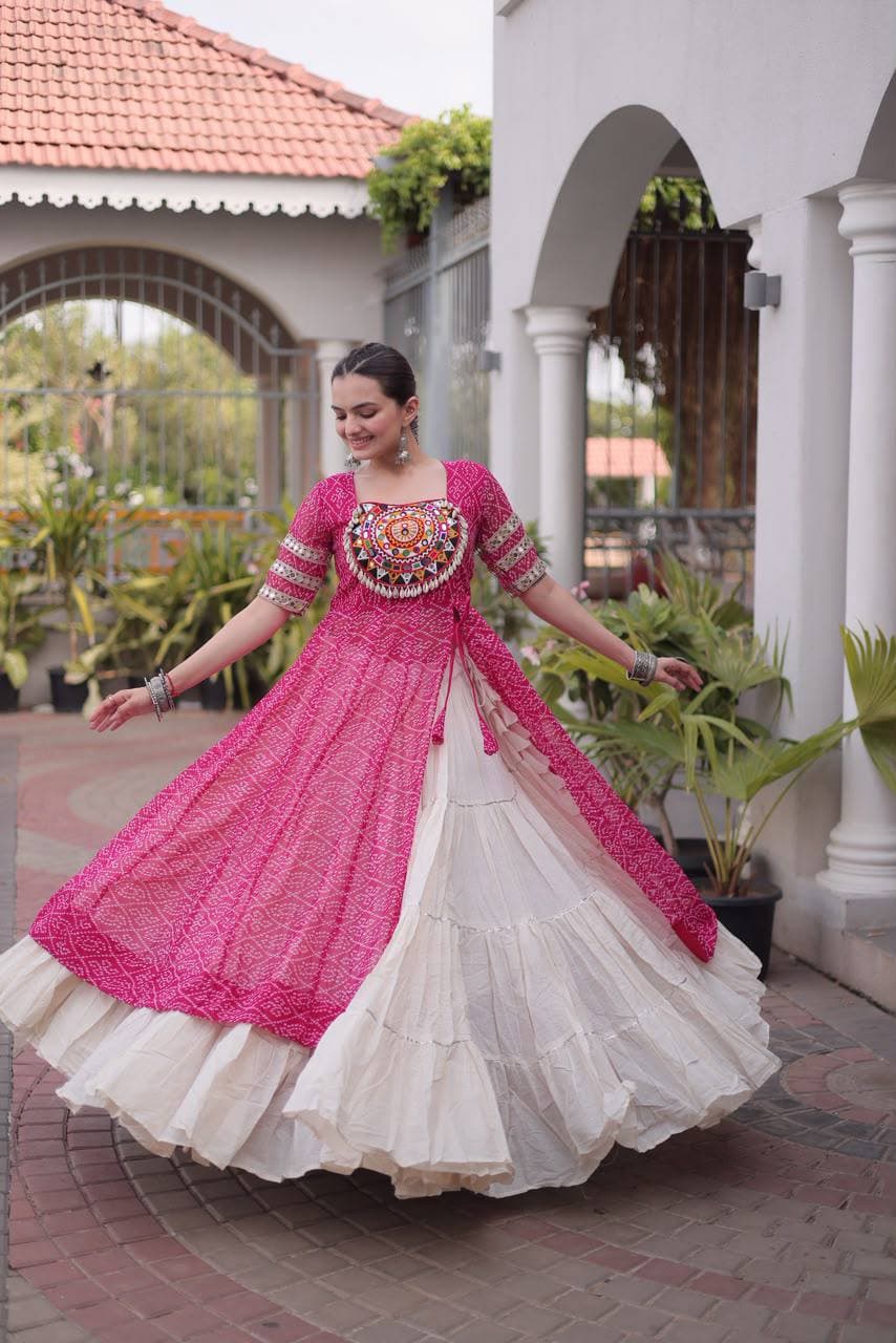 Navratri Kora Cotton Frill Lehenga With Bandhani Kutchi Patchwork Kurti Set