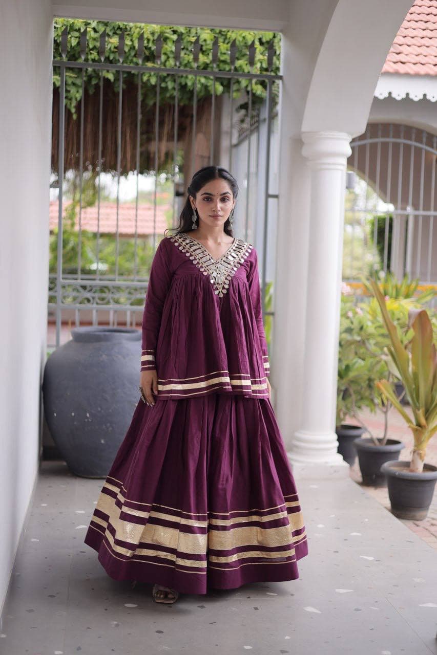 Navratri Kora Cotton Zari Gota Patti Real Mirror Lace Lehenga Choli Set