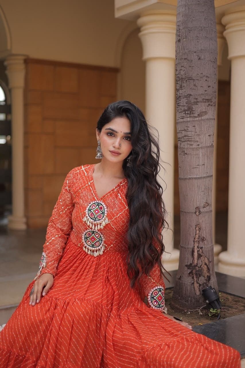 Navratri 2026 Laheriya Print Kutchi Patchwork Faux Georgette Gown