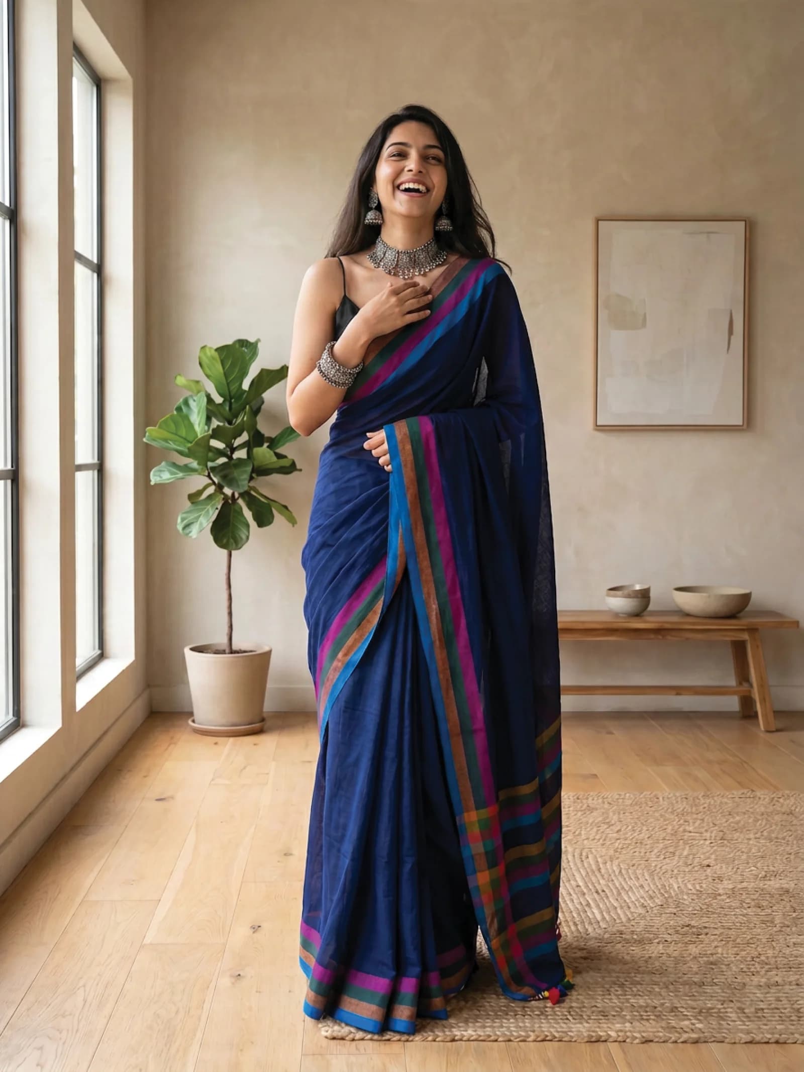 Premium Linen Cotton Digital Print Saree With Tussle Zahlar