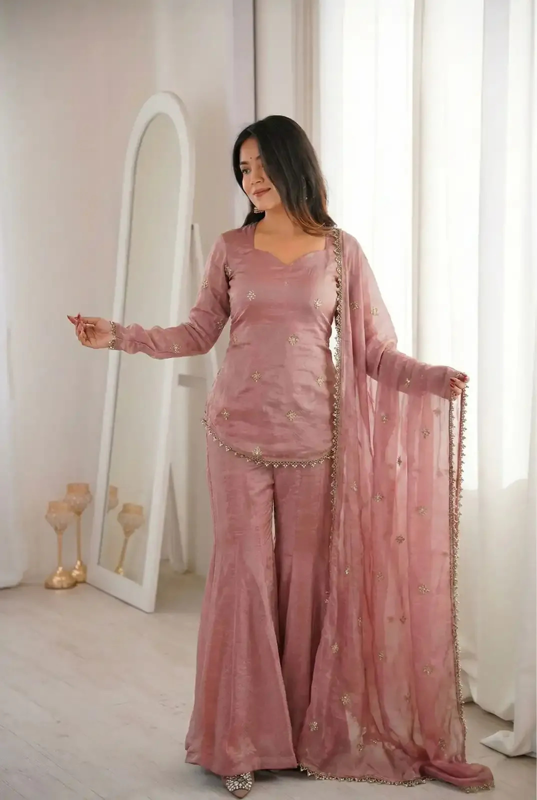 MY Fashion Premium Embroidered CP Vichitra Kurti Palazzo & Dupatta Set � VI-ROSHNI