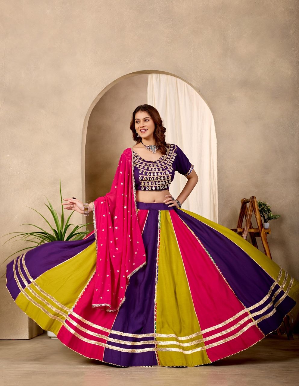 Pure Cotton Fancy Lace Work Stitched Lehenga Choli Set With Mirror Lace Choli and Georgette Dupatta