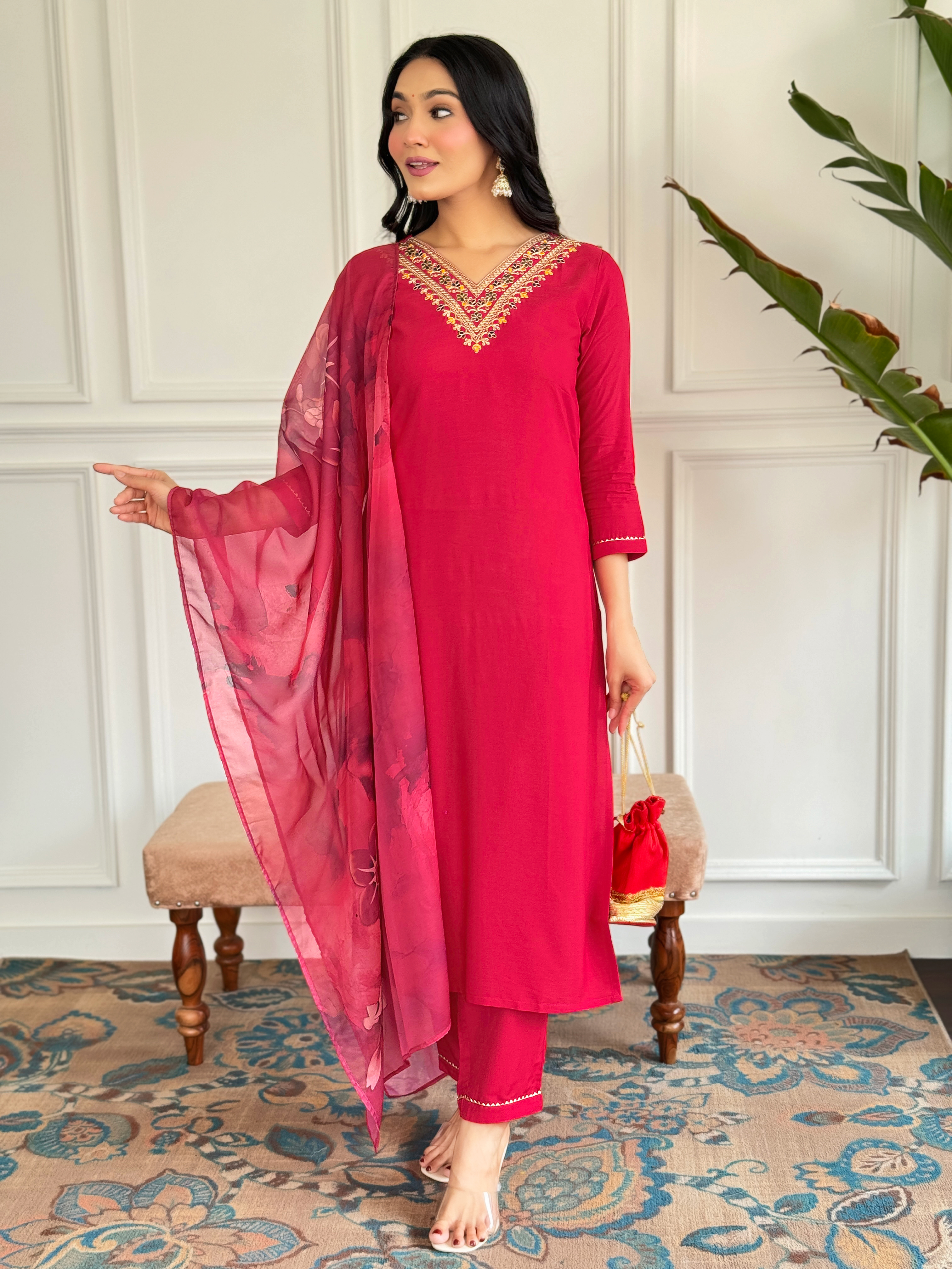 MY Fashion Premium Embroidered Kurti Pant & Silk Blend Printed Dupatta Set � D440