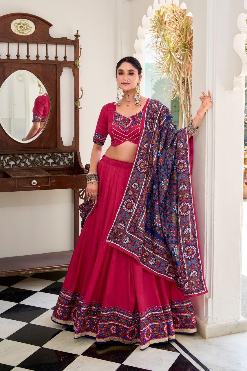 Tasar Silk Gamthi Print Embossed Design Navratri Stitched Lehenga Choli Set
