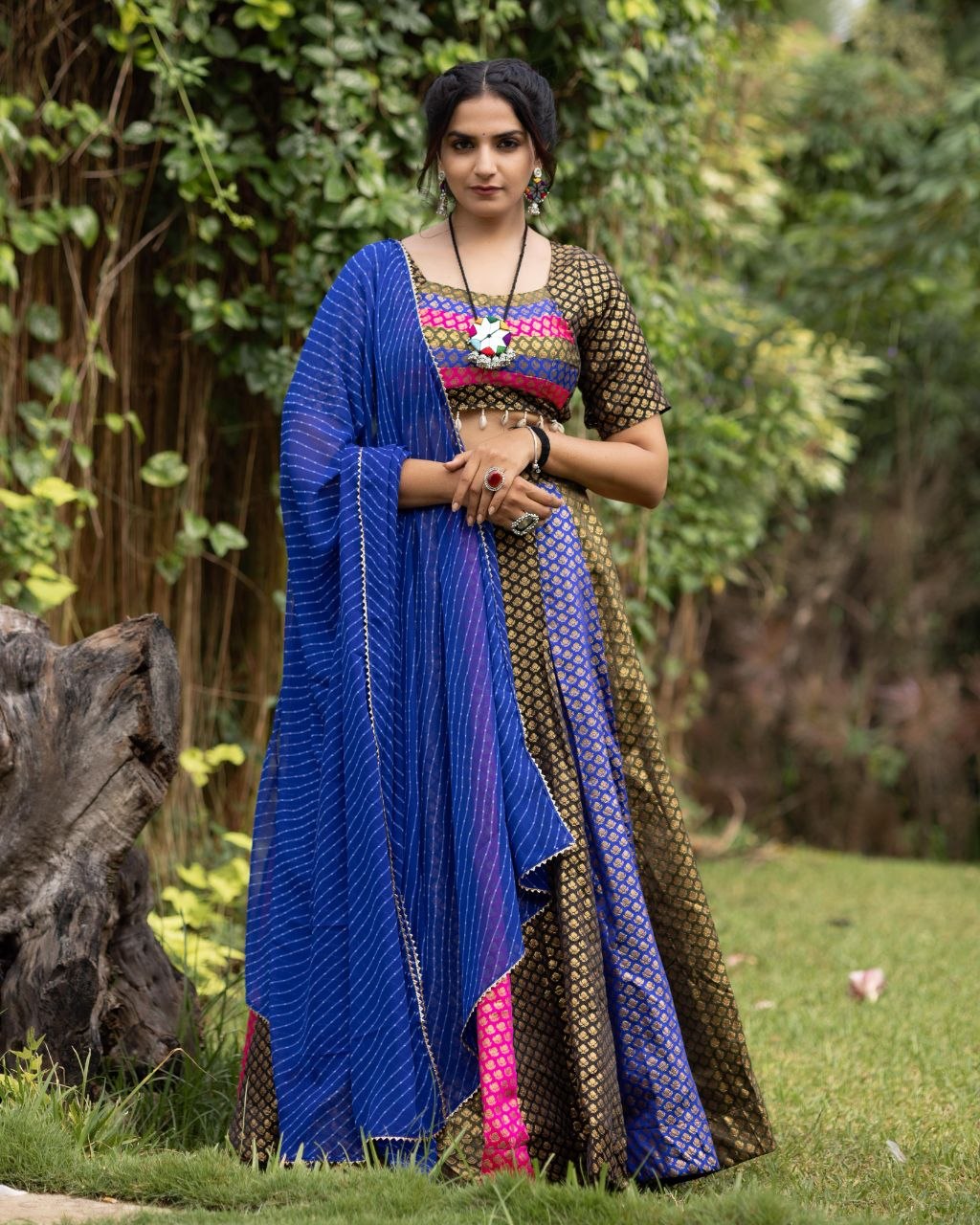 Soft Silk Multicolor Kali Butti Weaving Stitched Navratri Lehenga Choli Set