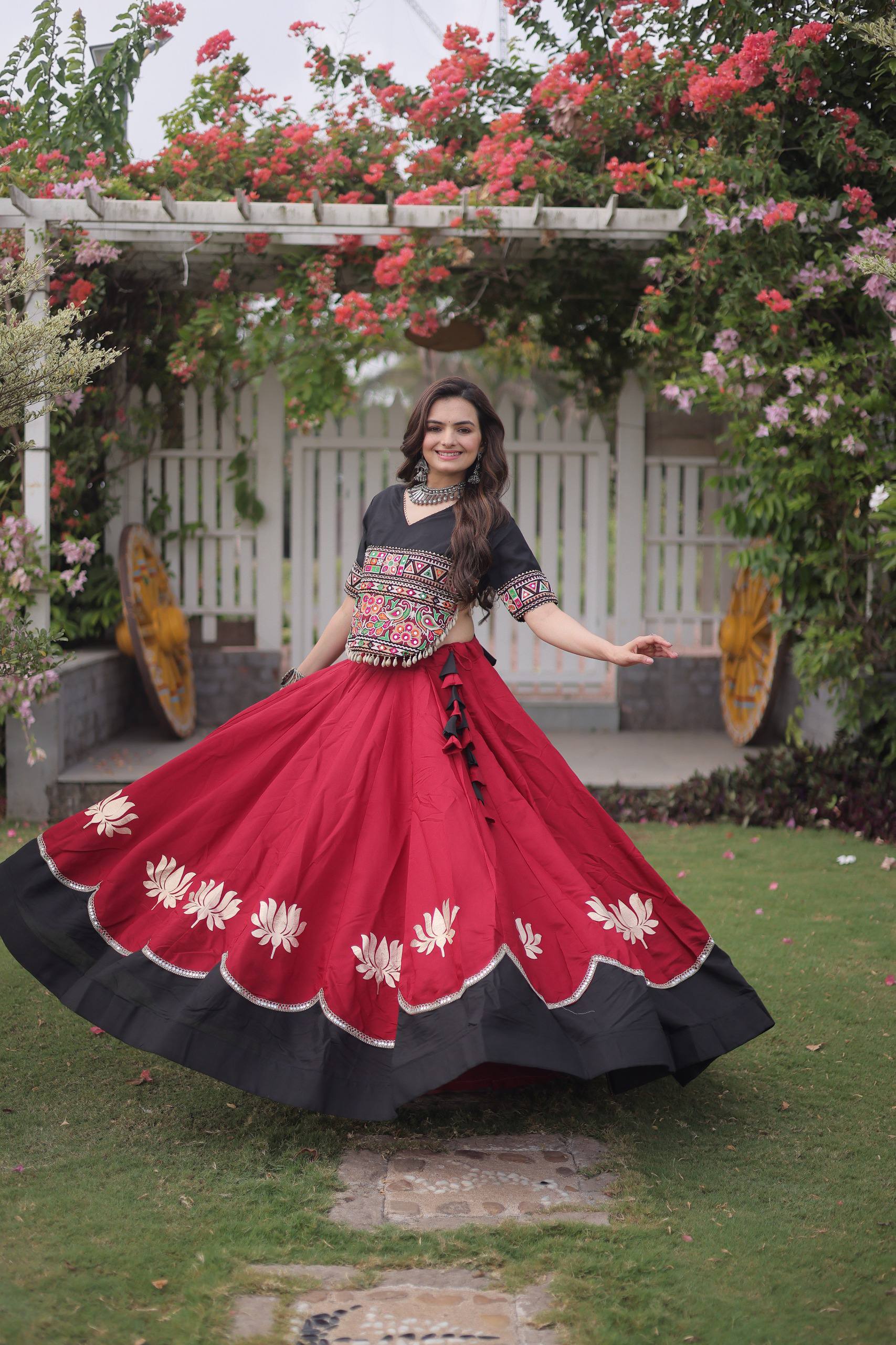 Roman Lotus Flower Gota Mirror Lace Navratri Lehenga Choli Set