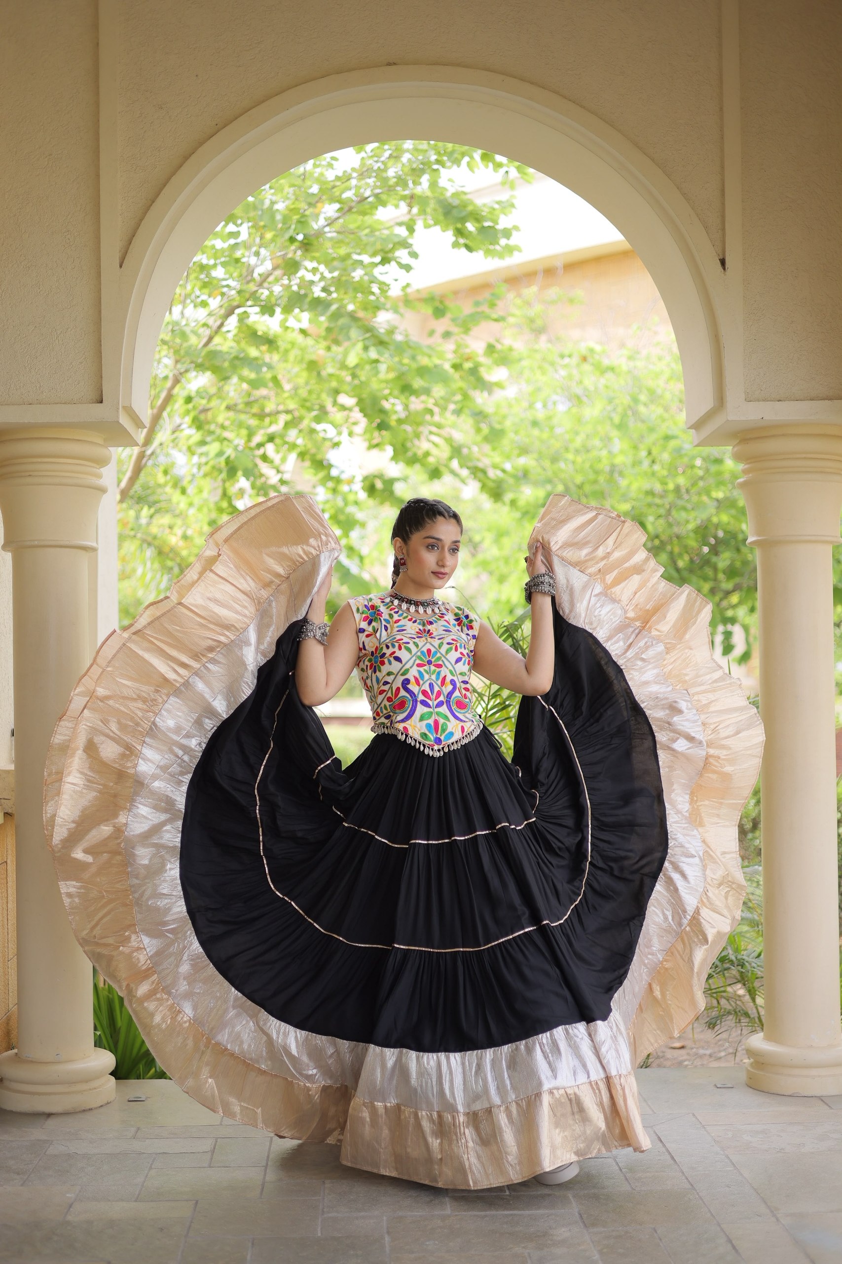 Georgette Sequins Thread Embroidery and Mirror Work Navratri Lehenga Choli Set