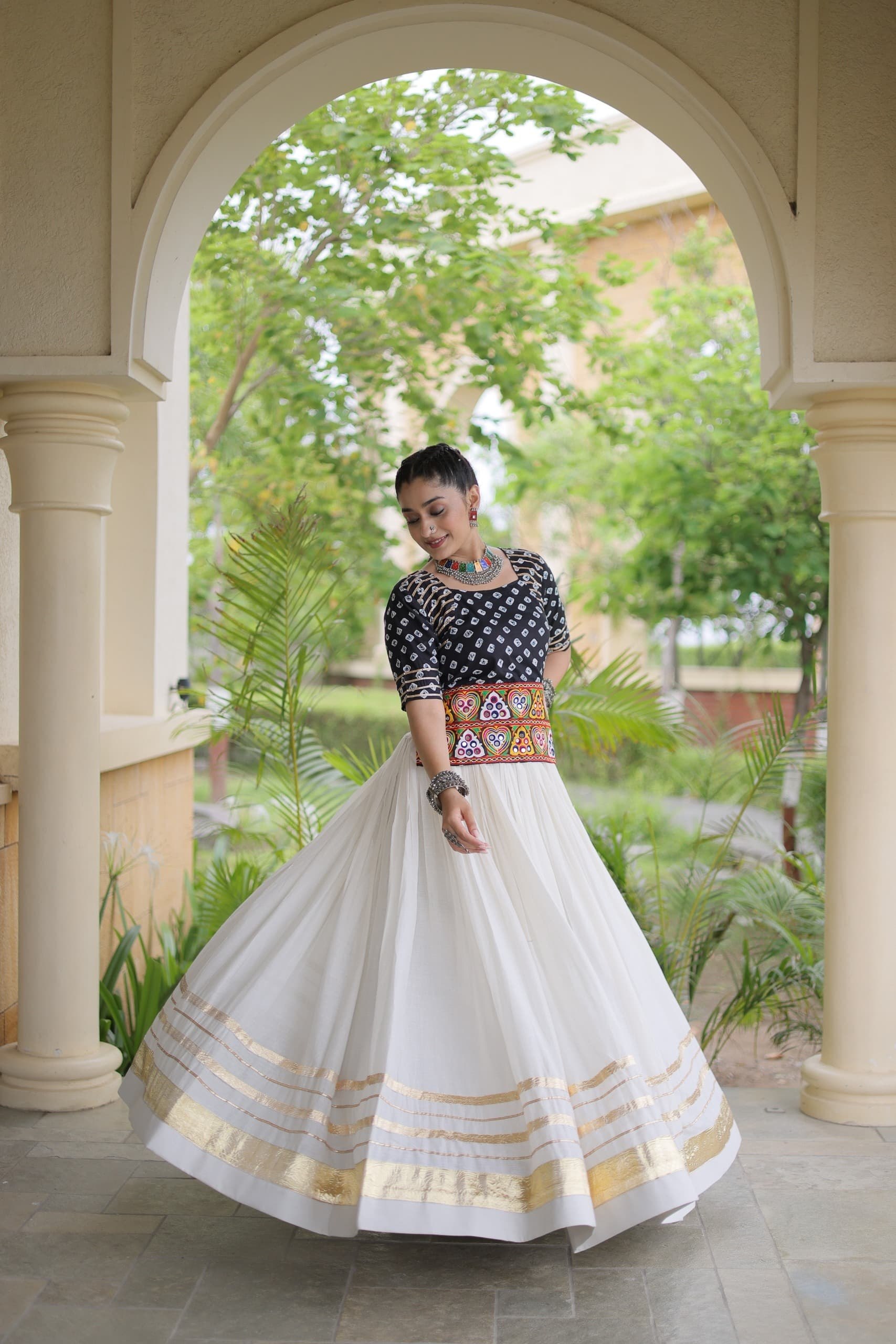 Kora Cotton Gota Lace Lehenga Choli With Bandhani Print Kutchi Gamthi Patchwork Top