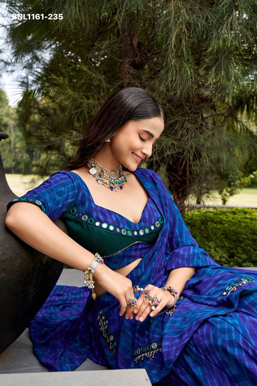 Rayon Kutchi Patchwork Navratri Lehenga Choli With Bandhani Shrug