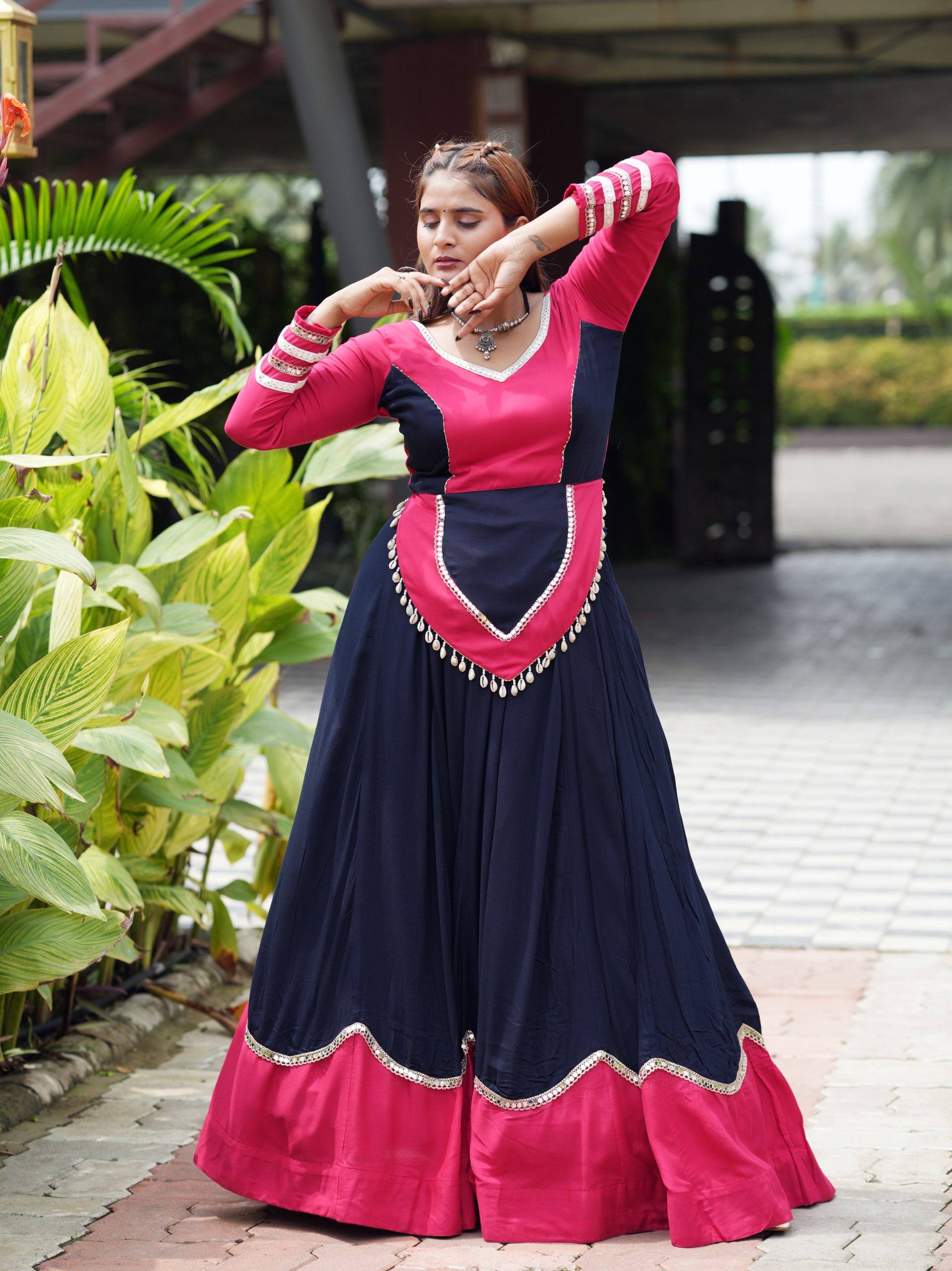 Kora Cotton Multi Thread Embroidered Real Mirror Work Navratri Gown