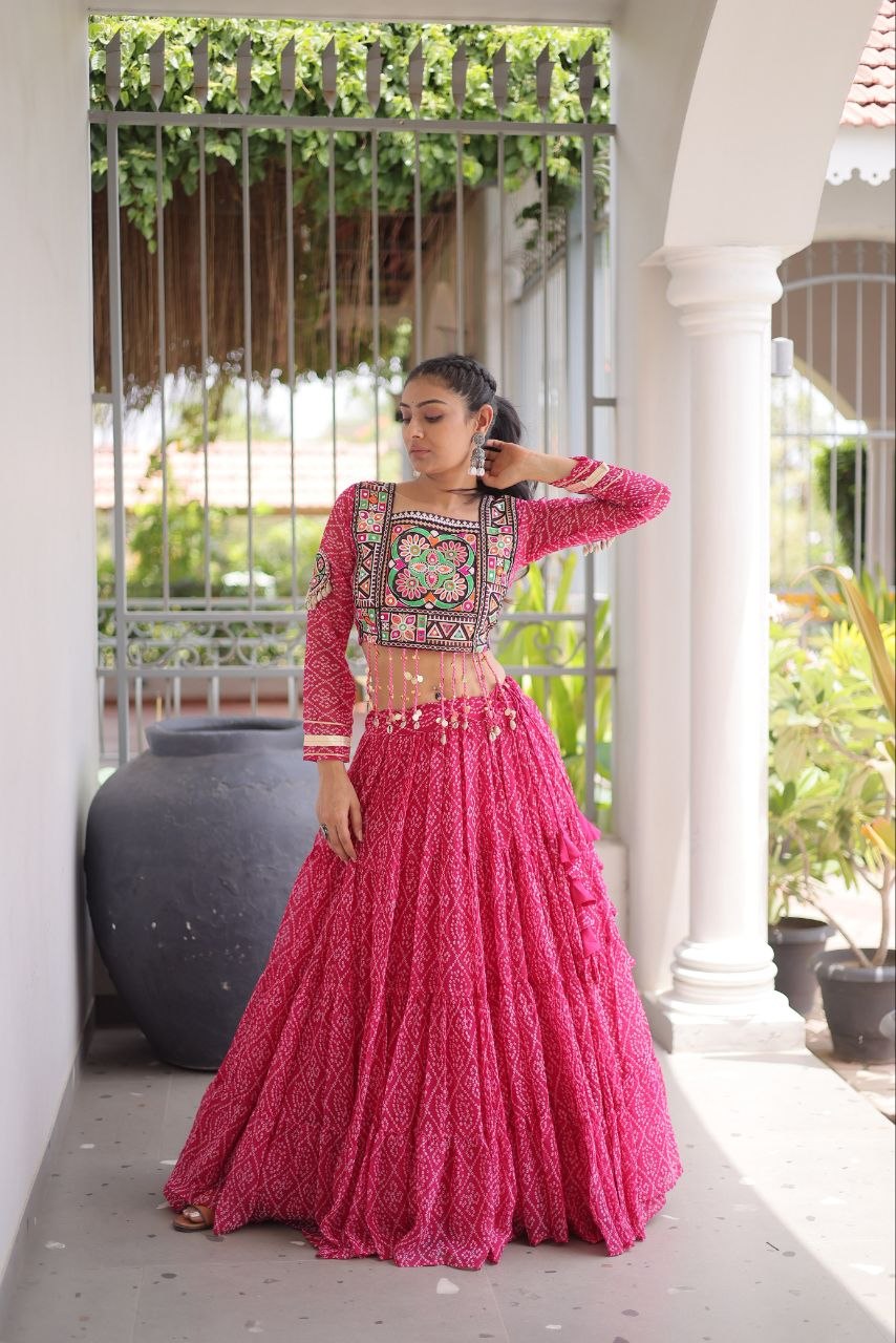 Faux Georgette Laheriya Print Kutchi Patchwork Navratri Gown