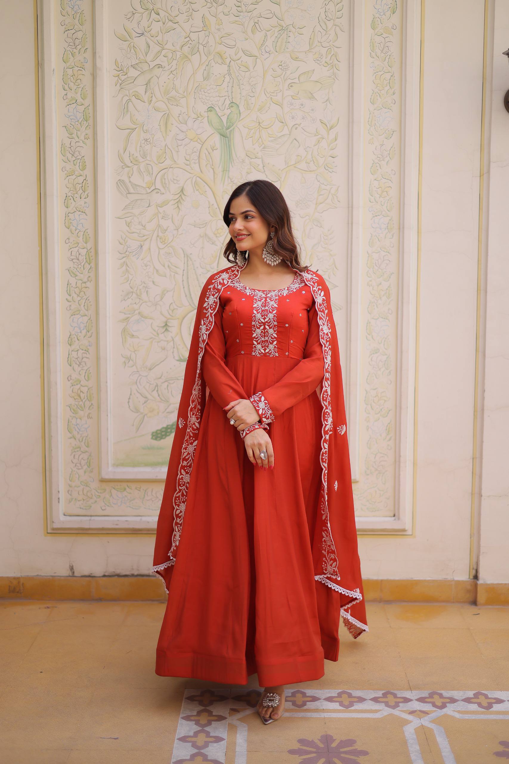 Kora Cotton Multi Thread Embroidery Mirror Work Navratri Gown