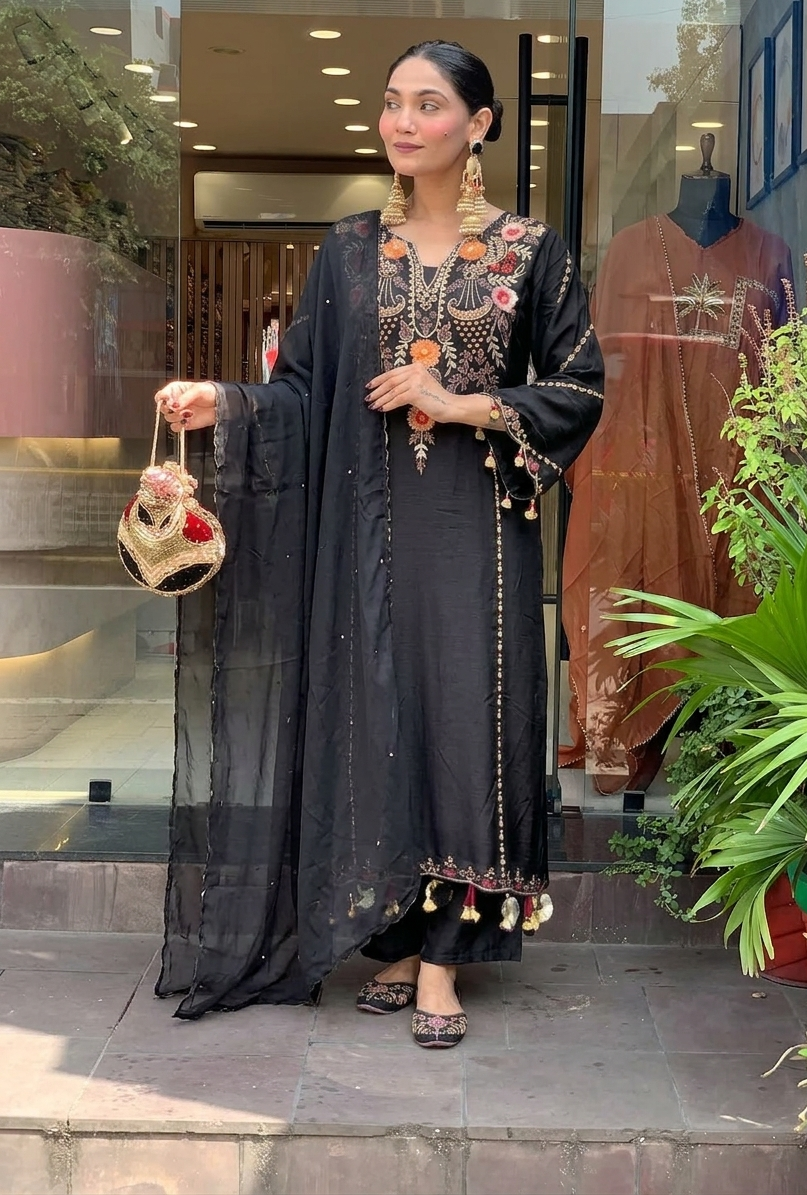 MY Fashion Premium Embroidered Fandy Silk Kurti Pant & Dupatta Set � DI-KRITIKA