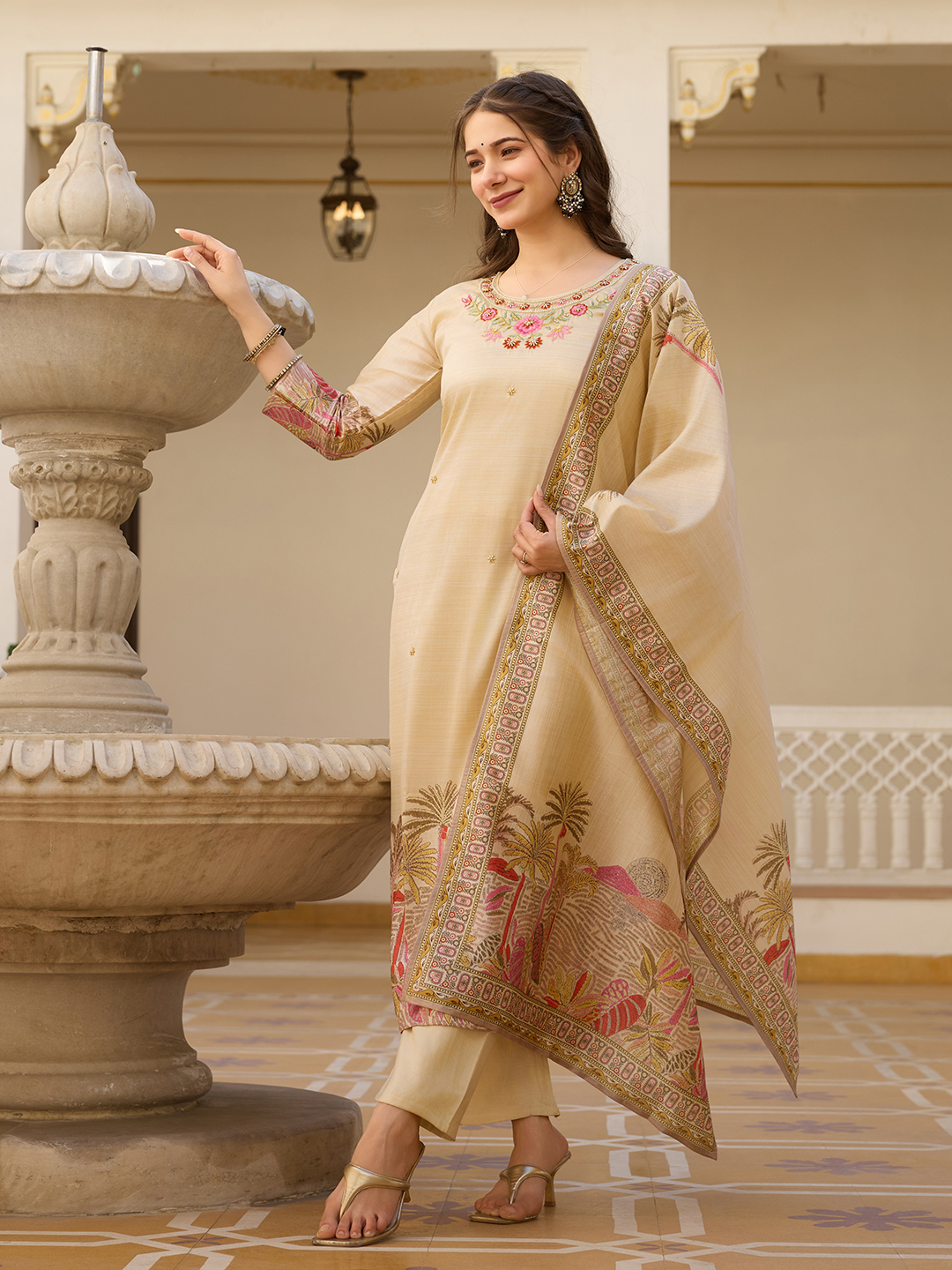 MY Fashion Premium Embroidered Rangoli Silk Kurti Palazzo & Dupatta Set � DI-VARNI