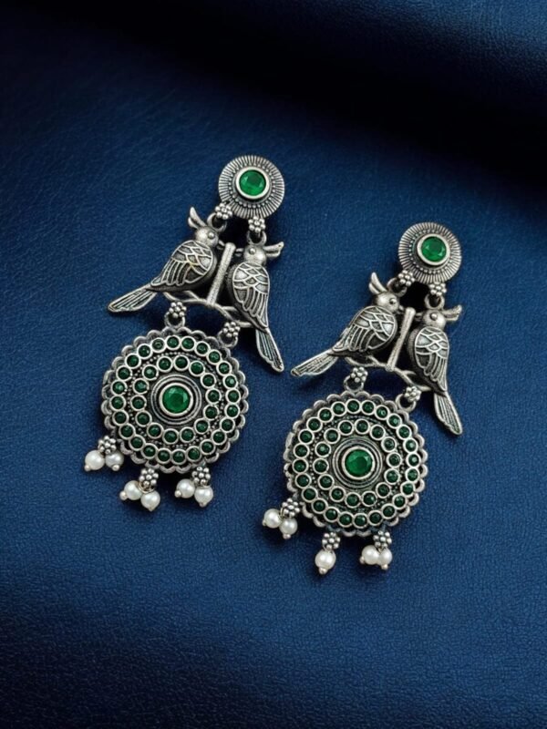 Silver Replica Bird Oxidized Earrings – Antique Stone Earrings for Women | My Fashion - Image 2