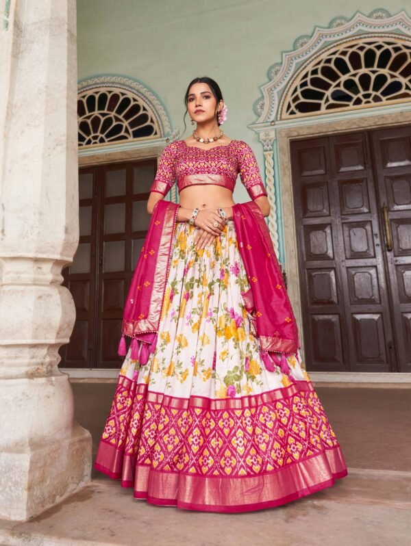 1689PNK MAIN3 New Tusser Silk Floral Lehenga Choli with Gotta Patti Dupatta – Shop 4 Colors | My Fashion - Image 5