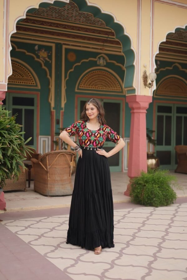 6172634308578231179.jpg Black Rayon Gown with Gamthi Kodi Work – My Fashion - Image 9