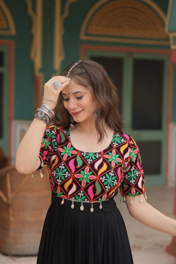 6172634308578231181.jpg Black Rayon Gown with Gamthi Kodi Work – My Fashion - Image 3