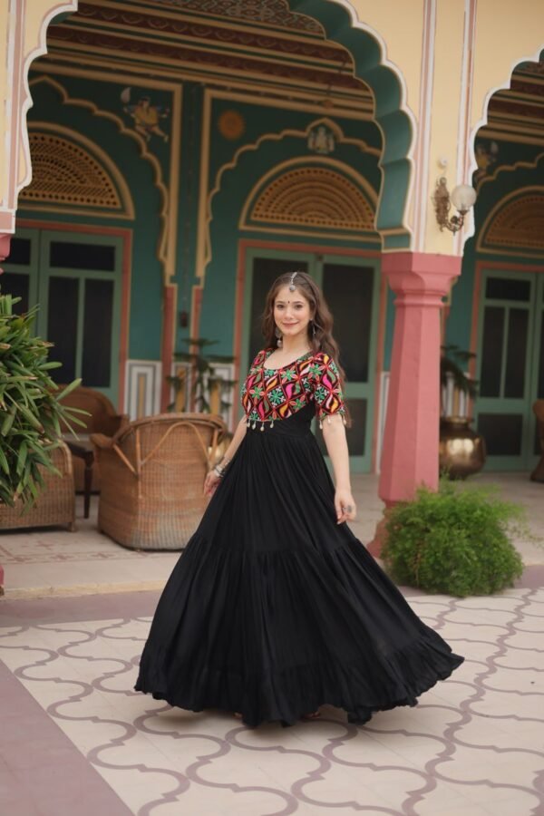 6172634308578231183.jpg Black Rayon Gown with Gamthi Kodi Work – My Fashion - Image 6