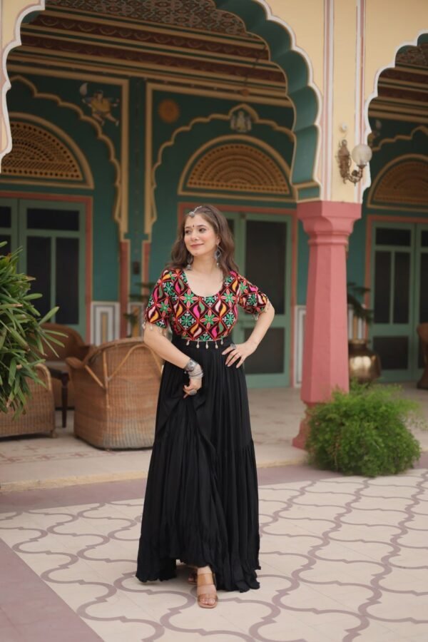 6172634308578231186.jpg Black Rayon Gown with Gamthi Kodi Work – My Fashion - Image 4