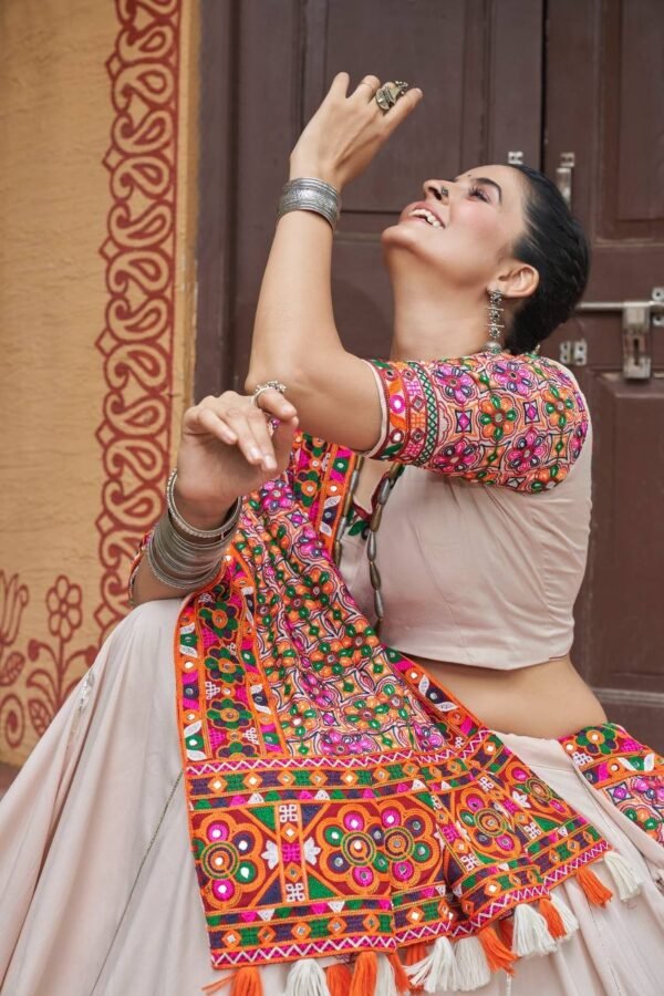 Chaniya-Choli-24-1.jpg Elegant Beige Viscose Rayon Navratri Chaniya Choli with Heavy Embroidered Dupatta - Image 2