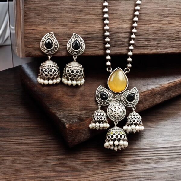 Earaings-18.jpeg DExquisite Silver Look-Alike Jhumka Necklace Set | Vintage Oxidized Jewelry for Women - Image 3