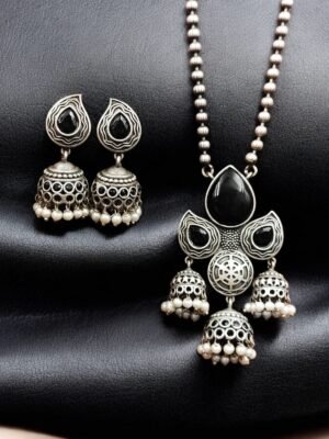 Silver Look-Alike Jhumka Necklace Set