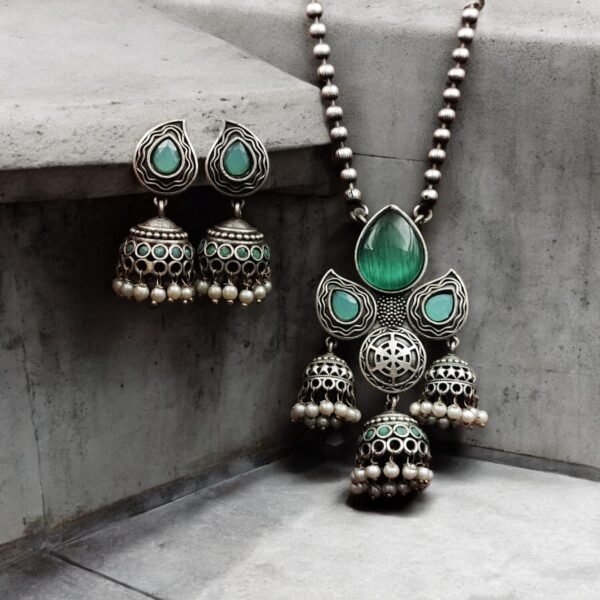 Earaings-22.jpeg DExquisite Silver Look-Alike Jhumka Necklace Set | Vintage Oxidized Jewelry for Women - Image 8