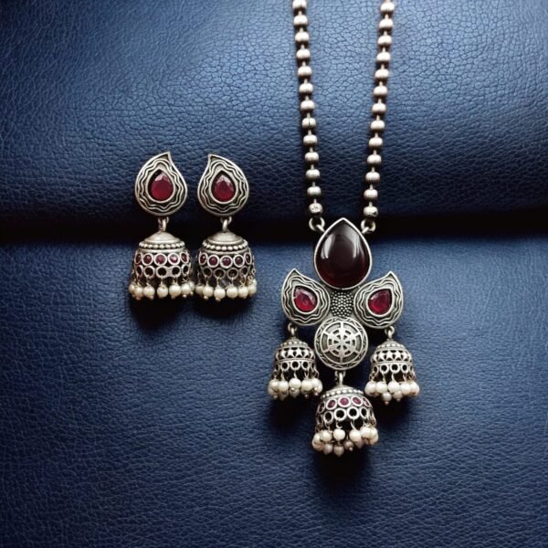 Earaings-24.jpeg DExquisite Silver Look-Alike Jhumka Necklace Set | Vintage Oxidized Jewelry for Women - Image 6