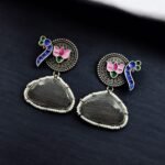 Hand Painted Peacock Earrings | Monalisa Stone Stud with Lotus Detail – My Fashion - Image 6