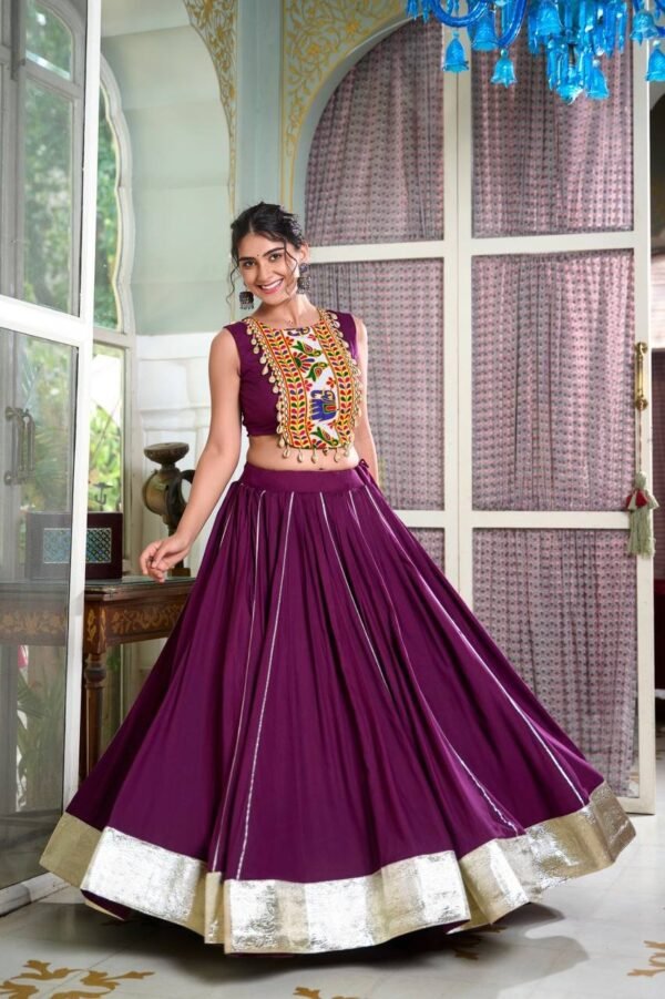 Lehenga-Choli-For-Navratri-14.jpg Stunning Lehenga Choli Plain with Lace, Gotta Patti, Gamthi Work & Cowrie (Kodi) Touch-Up - Image 3