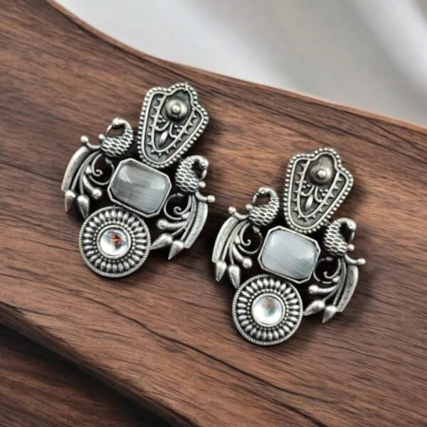 Monalisa-Stone-Earrings-2.jpeg Silver Replica Monalisa Stone Peacock Earrings | Stunning Lightweight Studs – My Fashion - Image 3
