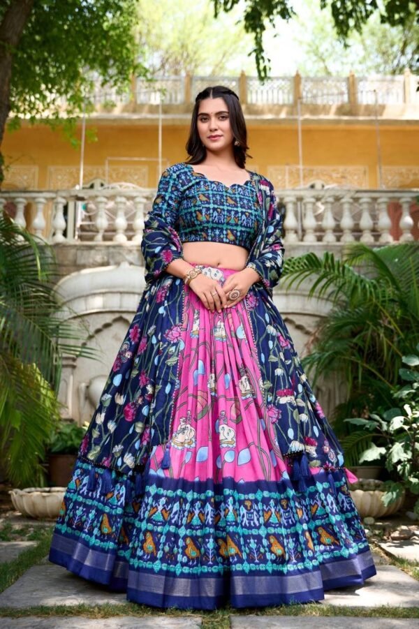 Pichwai-Patola-Printed-Tussar-Silk-Lehenga-Choli-1.jpg Nandani Floral Tussar Silk Lehenga Set – Traditional Festive Lehenga by My Fashion - Image 2