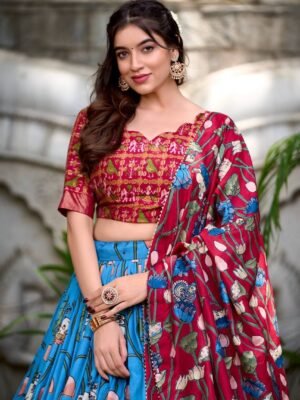 Shop Nandani Floral Tussar Silk Lehenga Set at My Fashion. Featuring stitched lehenga, foil print blouse, and tassel dupatta. Ideal for festive wear and weddings.