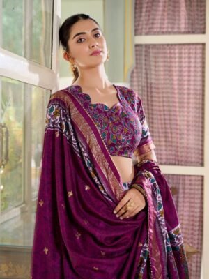 Tusser Silk Floral Foil Work Lehenga Set