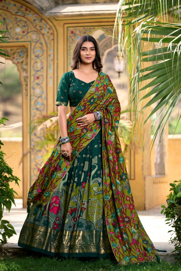 1219GRN MAIN New Tusser Silk Lehenga Choli with Foil Floral Print & Dupatta – 4 Colors By My Fashion - Image 5