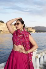 Buy KASTURI Tussar Silk Lehenga Set with Floral Foil Print – Pink & Maroon | My Fashion - Image 5