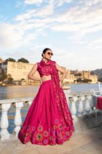 Buy KASTURI Tussar Silk Lehenga Set with Floral Foil Print – Pink & Maroon | My Fashion - Image 4