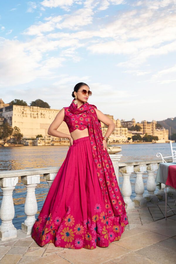 1232PNK MAIN Buy KASTURI Tussar Silk Lehenga Set with Floral Foil Print – Pink & Maroon | My Fashion - Image 4