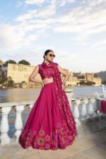 Buy KASTURI Tussar Silk Lehenga Set with Floral Foil Print – Pink & Maroon | My Fashion - Image 4