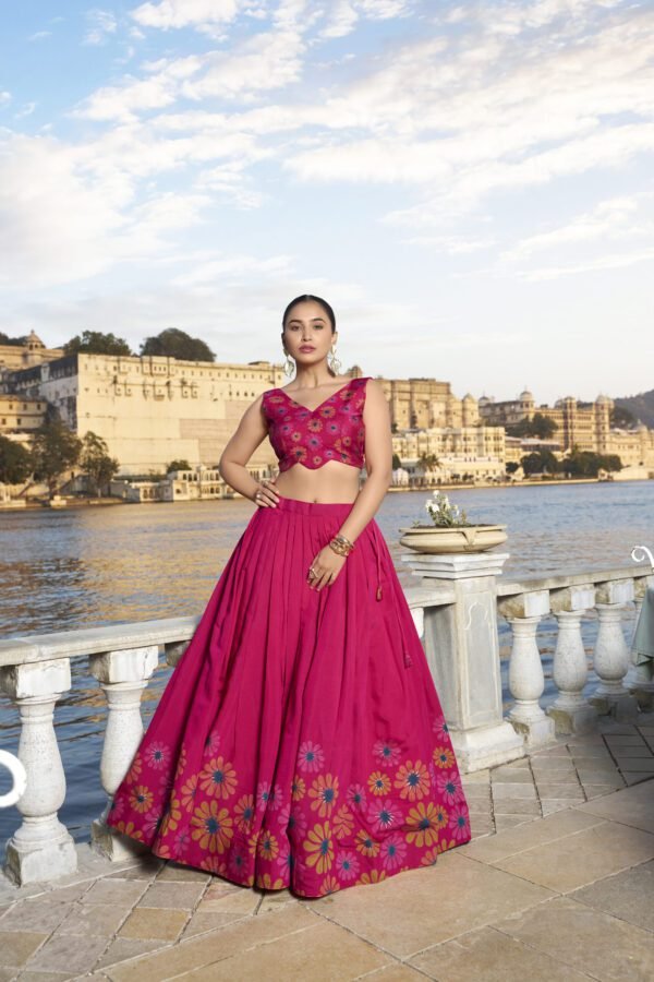Buy KASTURI Tussar Silk Lehenga Set with Floral Foil Print – Pink & Maroon | My Fashion - Image 3