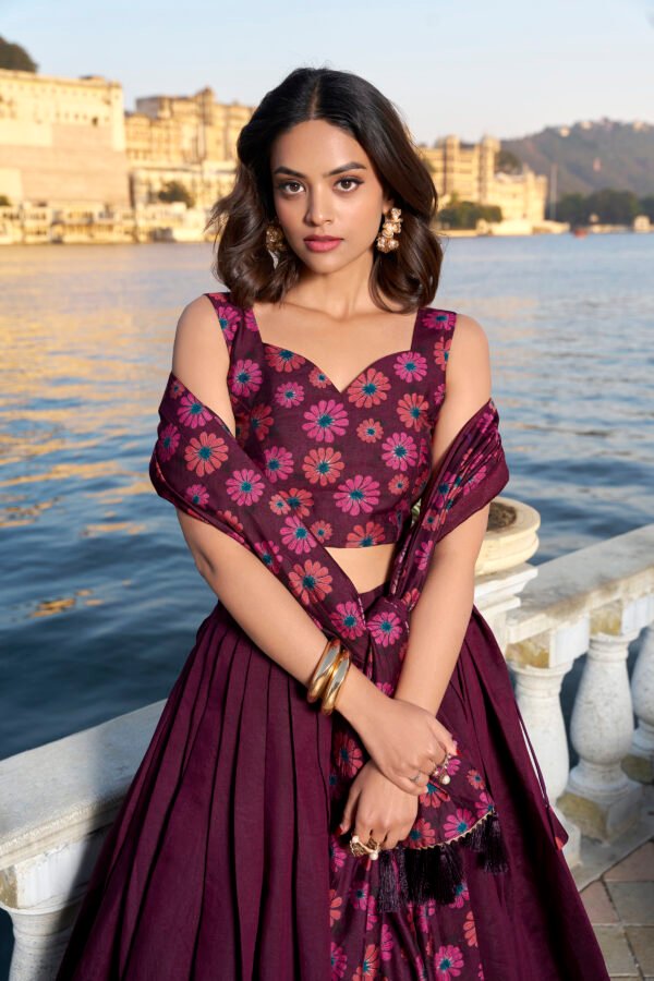 1232WIN CLO Buy KASTURI Tussar Silk Lehenga Set with Floral Foil Print – Pink & Maroon | My Fashion - Image 9