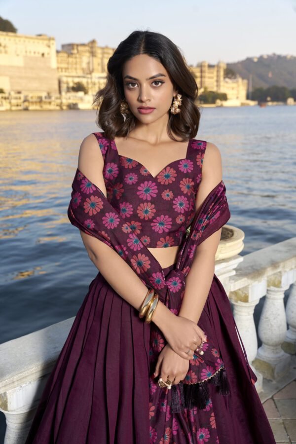Buy KASTURI Tussar Silk Lehenga Set with Floral Foil Print – Pink & Maroon | My Fashion - Image 9