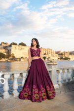 Buy KASTURI Tussar Silk Lehenga Set with Floral Foil Print – Pink & Maroon | My Fashion - Image 8
