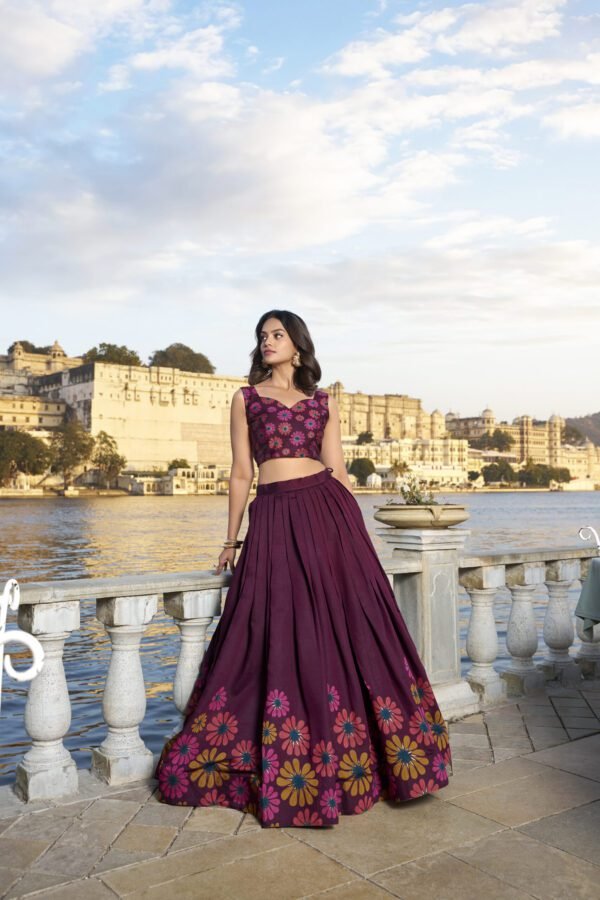 Buy KASTURI Tussar Silk Lehenga Set with Floral Foil Print – Pink & Maroon | My Fashion - Image 8